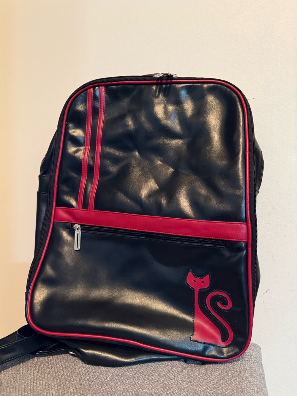 Black and Red Faux Leather Backpack with Cat Accent